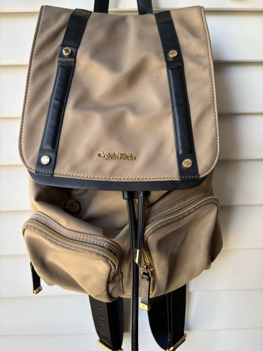 Calvin Klein Beige and Black Nylon Backpack with Gold Hardware